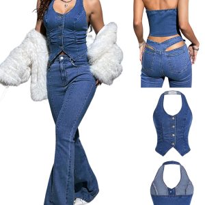 Women's Vintage Denim Crop Tank Top Summer Button Front Sleeveless Halter Jean Vest