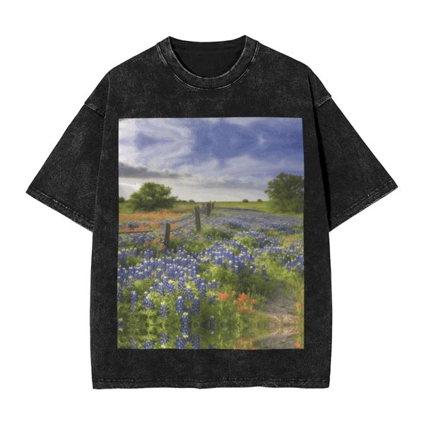 Oversized Tshirts for Men Vintage Cotton T-Shirts Texas Bluebonnets Scenery Short Sleeve Tees Loose Fit Tees Shirts