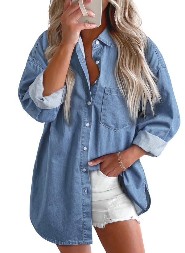 Women Denim Shirts Button Down Blouse V Neck Casual Tops