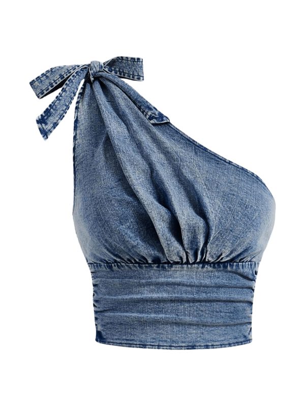 Women's Asymmetrical Neckline Bow Tie Backless Elegant Denim Sleeveless Cami Jean Vest Bustier Crop Tank Tops