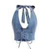 Women's Denim Top Lace Up Sleeveless Halter V Neck Backless Y2K Denim Crop Top Vest