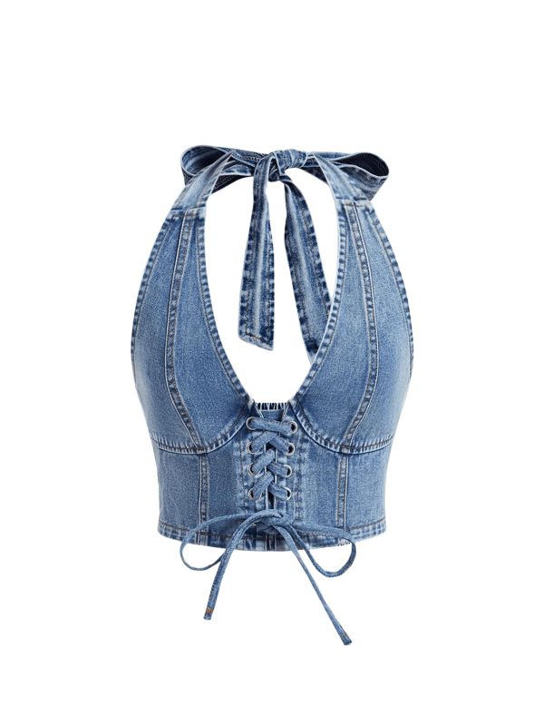 Women's Denim Top Lace Up Sleeveless Halter V Neck Backless Y2K Denim Crop Top Vest