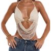 Women's Crochet Halter Top Tie Open Back Metal Ring Draped Front Y2k Rave Festival Tops