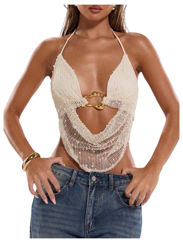 Women's Crochet Halter Top Tie Open Back Metal Ring Draped Front Y2k Rave Festival Tops