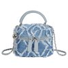 Women Denim Mini Bucket Shoulder Crossbody Bag Drawstring Quilted Distressed Tassel Barrel Shape Satchel Purse