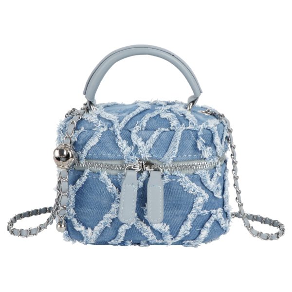 Women Denim Mini Bucket Shoulder Crossbody Bag Drawstring Quilted Distressed Tassel Barrel Shape Satchel Purse