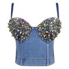 Women Rhinestones Studded Denim Bustier Crop Cami Top Sexy Spaghetti Strap Sleeveless Fashion Jean Corset Top Bra