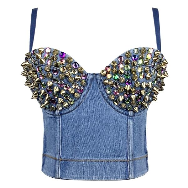 Women Rhinestones Studded Denim Bustier Crop Cami Top Sexy Spaghetti Strap Sleeveless Fashion Jean Corset Top Bra