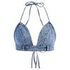 Women's Denim Halter Top Tie Backless Triangle V Neck Sexy Jean Crop Top Country Western Bustier