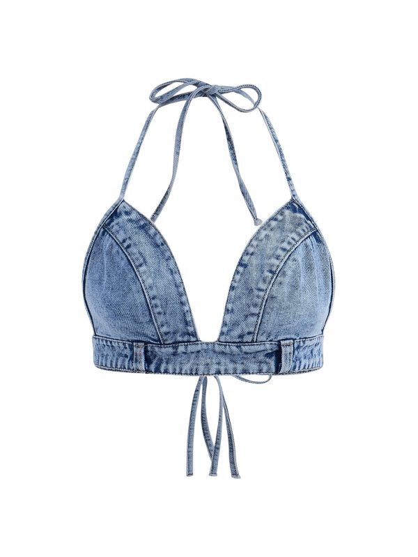 Women's Denim Halter Top Tie Backless Triangle V Neck Sexy Jean Crop Top Country Western Bustier
