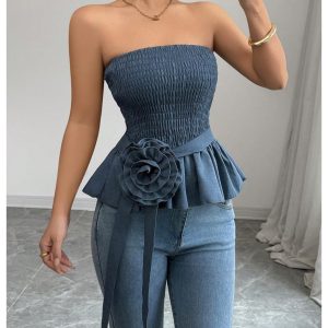 Women's Y2k Strapless Tube Top Sleeveless Smocked Peplum Ruffle 3D Flower Belted Bandeau Tops