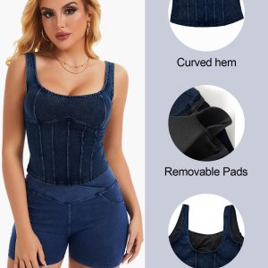 Women's Square Neck Denim Tank Top Summer Going Out Croset Tops Sleeveless Vintage Slim Fit Jean Bustier Shirt