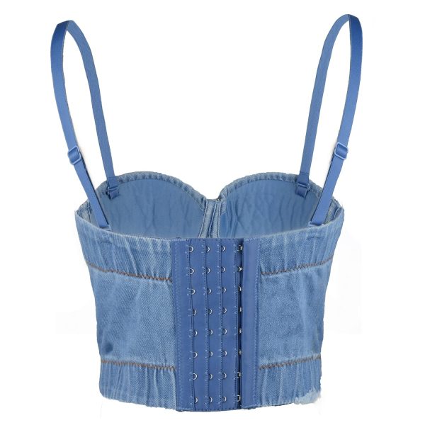 Women's Denim Bustier Crop Top Jean Corset Top Bra with Detachable Straps