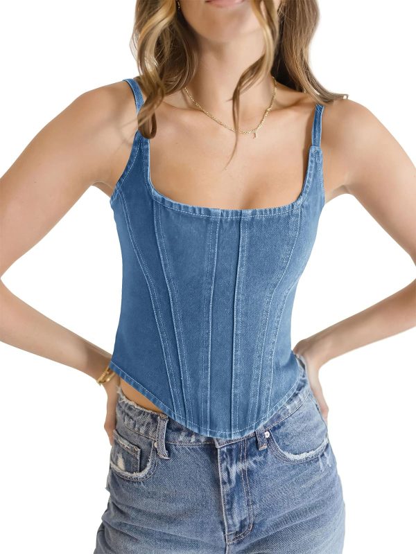 Womens Sleeveless Denim Vest Crop Tank Tops Spaghetti Straps Slim Fit Summer Cami Top