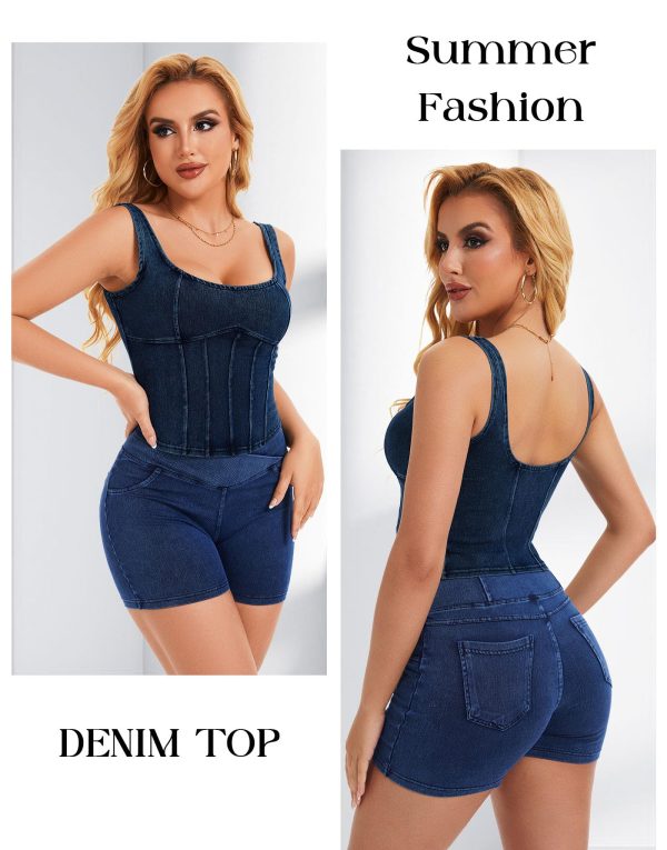 Women's Square Neck Denim Tank Top Summer Going Out Croset Tops Sleeveless Vintage Slim Fit Jean Bustier Shirt