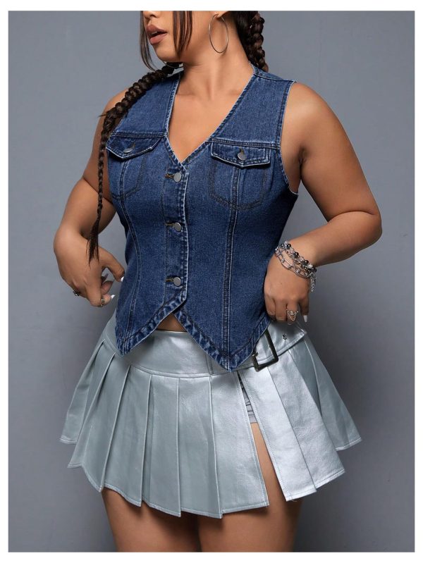 Women's Plus Size Sleeveless Button Down Jean Vest V Neck Denim Jacket