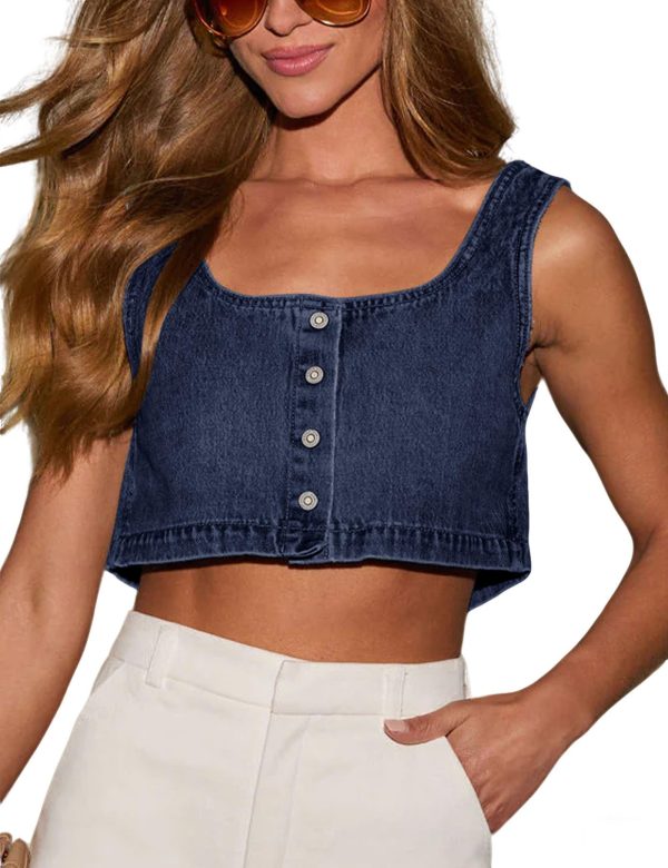 Women's Reversible Tank Tops Button Denim Crop Blouses Sleeveless Cami Shirts