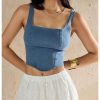 Women's Square Neck Sleeveless Corset Denim Top Zip Back Asymmetrical Hem Tank Top