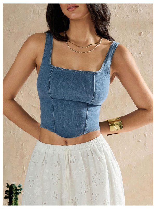 Women's Square Neck Sleeveless Corset Denim Top Zip Back Asymmetrical Hem Tank Top
