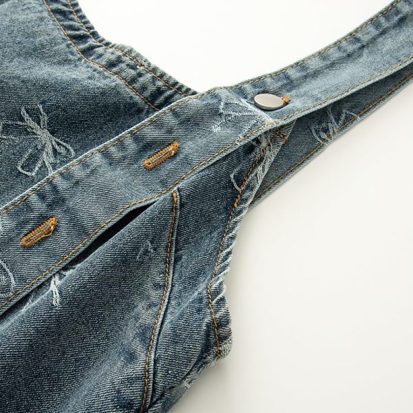 Summer Light Blue Denim Suspender Dress Women Loose Jacquard Casual Vintage Jean Dresses