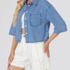 Women's Cropped Denim Shirt Summer Button Down Short Sleeve Casual Jean Jacket with Pocket