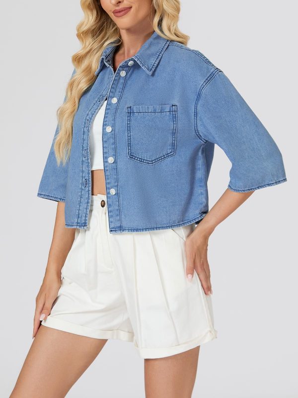Women's Cropped Denim Shirt Summer Button Down Short Sleeve Casual Jean Jacket with Pocket