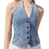 Womens Sleeveless Denim Vest Halter Neck Backless Petite Jean Waistcoat Top Summer Jacket