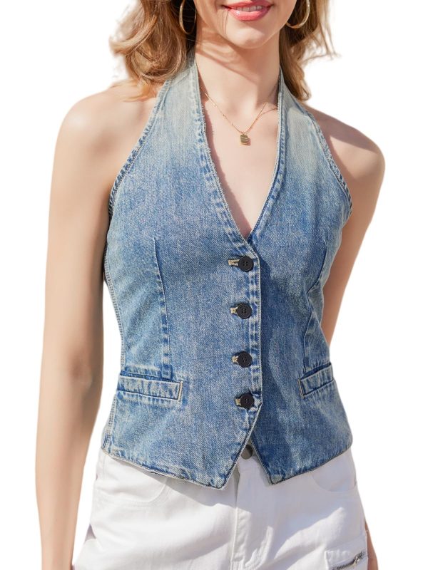 Womens Sleeveless Denim Vest Halter Neck Backless Petite Jean Waistcoat Top Summer Jacket