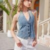 Womens Sleeveless Denim Vest Halter Neck Backless Petite Jean Waistcoat Top Summer Jacket