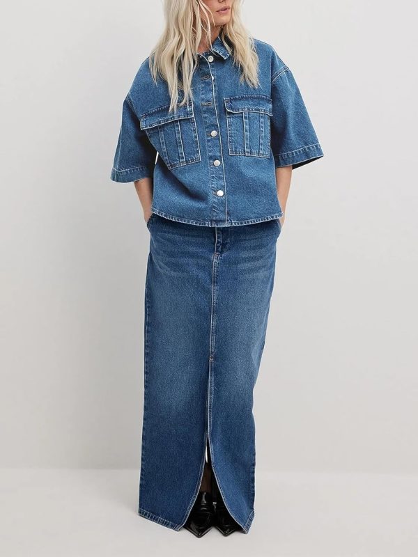 Womens Oversized Short Sleeve Denim Jackets Trendy Cropped Jean Tops Shackets