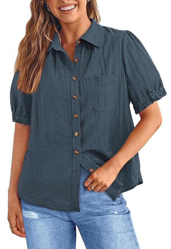 Womens Summer Short Sleeve Button Down Shirts V Neck Collared Casual Blouse Tops with Pockets
