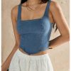 Women's Square Neck Sleeveless Corset Denim Top Zip Back Asymmetrical Hem Tank Top
