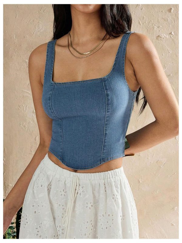 Women's Square Neck Sleeveless Corset Denim Top Zip Back Asymmetrical Hem Tank Top