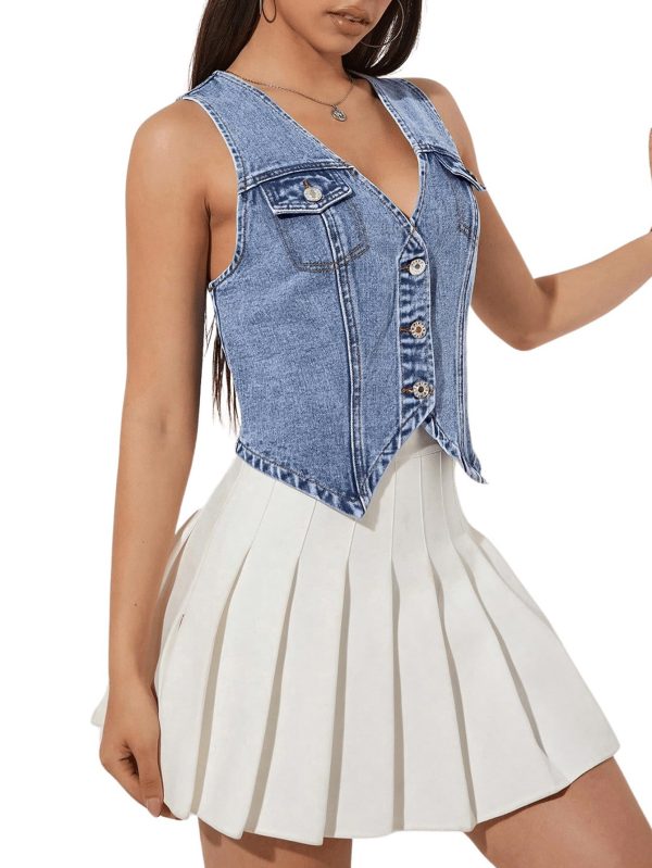 Women's Denim Vest Sleeveless Jean Vest Crop Denim Tank Top Flap Pocket Button Front Y2K Vest 2025