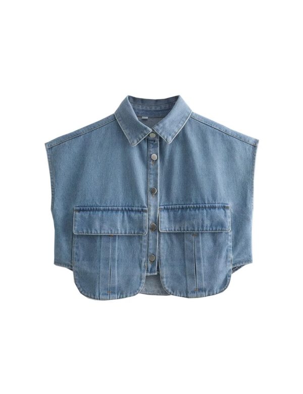 Womens Cropped Button Down Shirt Summer Collared Sleeveless Loose Denim Top with Pockets