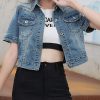 Women's Summer Short Sleeve Crop Denim Trucker Jacket Jean Coat Tops