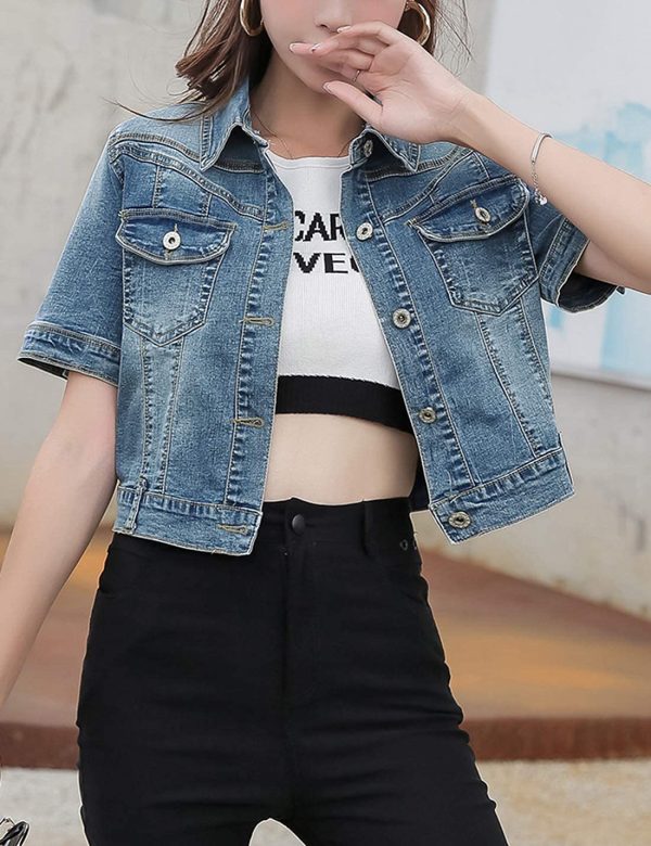 Women's Summer Short Sleeve Crop Denim Trucker Jacket Jean Coat Tops