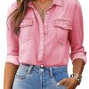 Denim Shirt Women Button Down Long Sleeve Chambray Western Jean Shirts Collared Casual Denim Tops