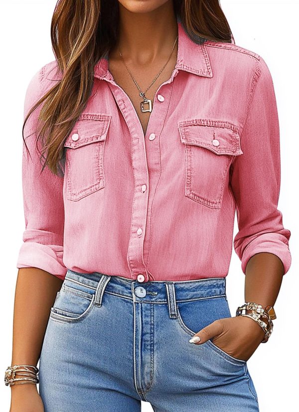 Denim Shirt Women Button Down Long Sleeve Chambray Western Jean Shirts Collared Casual Denim Tops
