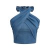Women's Crisscross Tie Neck Sleeveless Halter Fitted Ruched Denim Tank Top
