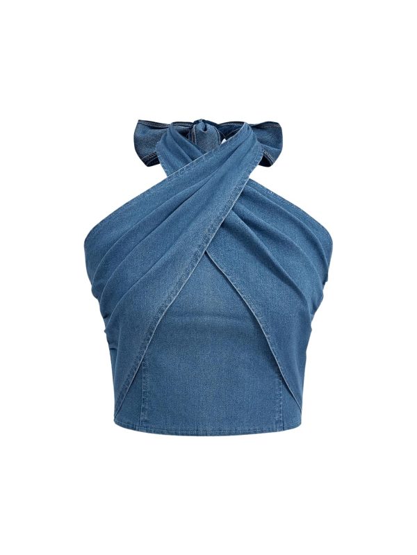 Women's Crisscross Tie Neck Sleeveless Halter Fitted Ruched Denim Tank Top