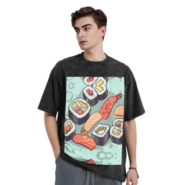 Oversized Tshirts for Men Vintage Cotton T-Shirts Sushi Short Sleeve Tees Loose Fit Tees Shirts