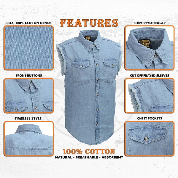 DM1001 Men's Blue Lightweight Denim Shirt with Frayed Cut Off Sleeveless Look