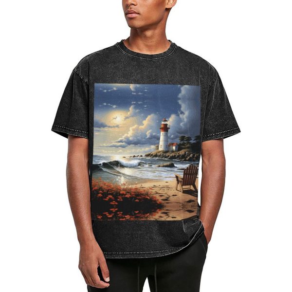 Oversized Tshirts for Men Vintage Cotton T-Shirts Sea Lighthouse Sandbeach Short Sleeve Tees Loose Fit Tees Shirts