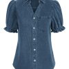 Womens Denim Shirts Button Down Short Puff Sleeve Lightweight Jeans Shirts with Pocket Business Casual Tops