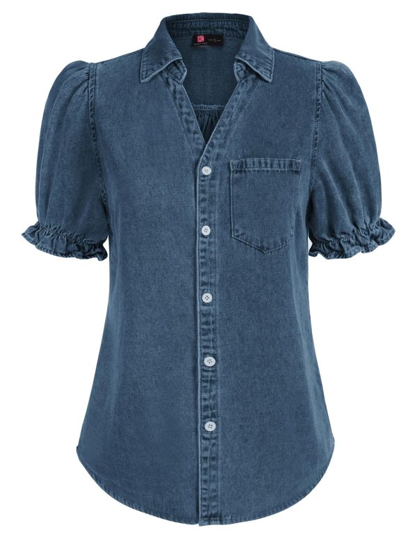 Womens Denim Shirts Button Down Short Puff Sleeve Lightweight Jeans Shirts with Pocket Business Casual Tops