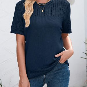 Womens Summer Tops Dressy Casual Crewneck Short Sleeve Shirts Solid Hollow Out Knit Loose Sweater Blouses