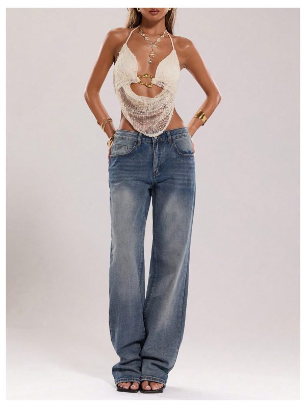 Women's Crochet Halter Top Tie Open Back Metal Ring Draped Front Y2k Rave Festival Tops