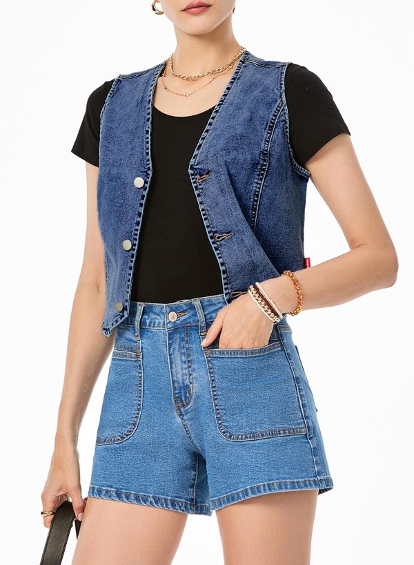 Women's Denim Vest Sleeveless V Neck Zimbaplatinum Jean Vest Top Button Down Crop Waistcoat Vest Summer Outfit