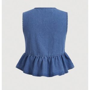 Women's Plus Size Denim Vest Bowknot Crew Neck Sleeveless Ruffle Hem Y2K Jean Vest Jacket